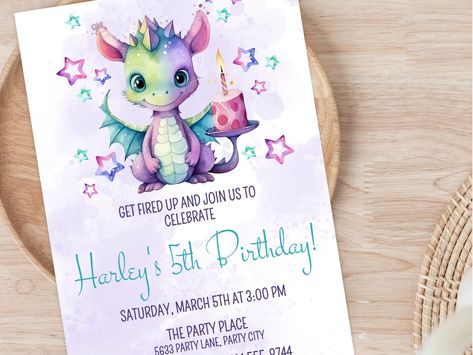 Girl Dragon Birthday Party, Girls Dragon Birthday Party, Dragon Birthday Party Invitations, Dragon Birthday Invitations, Dragon Themed Birthday Party, Dragon Birthday Party, Dragon Birthday Parties, Girls Party Invitations, Girl Birthday Party Invitations