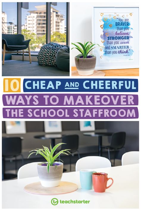 10 Cheap and Cheerful Ways to Update the Staffroom | School Staffroom Makeover School Staff Room Decor Ideas, Teachers Lounge Door Decor, Break Room Table Decor, Teachers Lounge Decor Break Room, School Break Room Ideas, Daycare Break Room Ideas, Teacher Work Room Ideas, Teachers Workroom Makeover, Teacher Copy Room Makeover