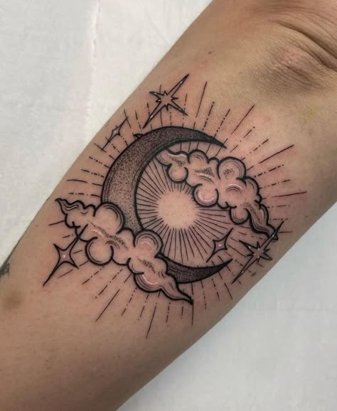 Moon And Stars Half Sleeve Tattoo, Cloud And Moon Tattoo, Moon Tattoo Hand, Sun And Moon Hand Tattoo, Scorpio Moon Tattoo, Half Sun Half Moon Tattoo, Moon Tattoo Sleeve, Moon Hand Tattoo, Women Half Sleeve Tattoo