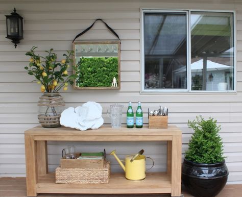 Outdoor vignette on my Patio, Before & After Outdoor Buffet Tables, Perennial Garden Design, Outdoor Buffet, Maria Killam, Outdoor Console Table, Deck Decor, Casa Exterior, Serving Table, Mesa Exterior