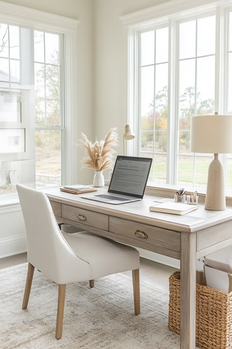 40  Modern Farmhouse Remote Work Setups: Balancing Productivity and Comfort - TastyInteriors Modern Farmhouse Home Office Overstock, Guest Bedroom Ideas With Desk, Modern Small Home Office, Modern Farmhouse Study Office Spaces, Simple Farmhouse Office, Office With A Couch, Modern Farmhouse Office Design, Home Office Styling, Hone Office Desk