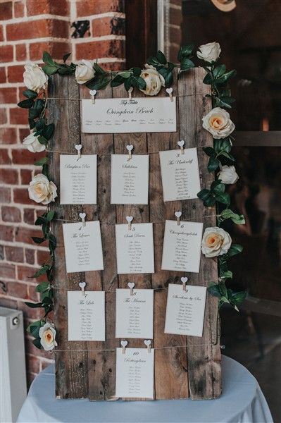 Rustic wooden Wedding seating plan idea. Wedding seating plan with autumn flowers and diy calligraphy. See more from Carrie & Lloyds wedding here - https://www.warble-entertainment.com/blog/carrie-and-lloyds-autumnal-berkshire-wedding-with-anthem/ #seatingplan #rusticweddingsign Table Seating Plan, Wedding Table Seating Plan, Plan Wedding, Wedding Table Seating, Seating Plans, Stool Cushion, Wedding Table Plan, Seating Plan Wedding, Seating Cards