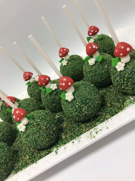 Enchanted Cake Pops, Masquerade Food, Woodland Cake Pops, Mushroom Cake Pops, Fairy Cake Pops, Cottagecore Cake, Catering Presentation, Enchanted Forest Cake, Giant Birthday Cake