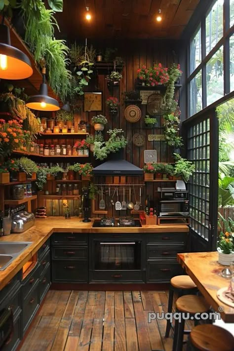 Forest Kitchen, Storage Tricks, Cottage Core Kitchen, Witchy Kitchen, Kitchen Vibes, Cosy Kitchen, Gothic Furniture, Rustic Home Design, Kitchen Inspiration Design