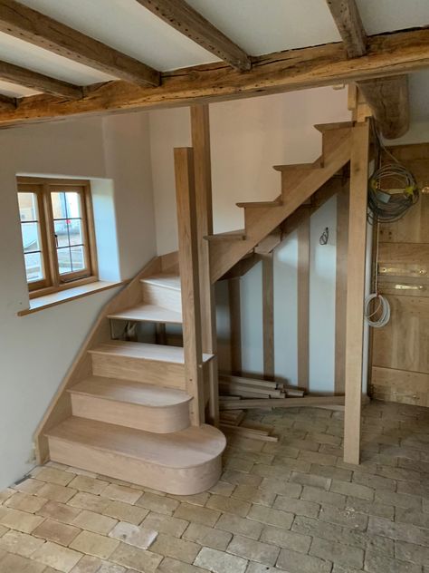 Cotswold Staircase, Small Interior Staircase, Stairs In Cottage, Small Area Staircase Ideas, Small Cottage Staircase Ideas, Small Cottage Extension, Steep Staircase Solutions, Staircase In Small Space, English Cottage Stairs