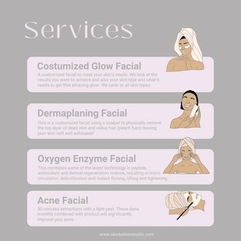 Different Types Of Professional Facials, Skin Care Business Ideas, Esthetician Facial Price List, Basic Facial Steps Esthetician, Facial Service Menu Ideas, Facial Names Ideas, Esthetician Services List, Facial Steps Professional, Facial Price List