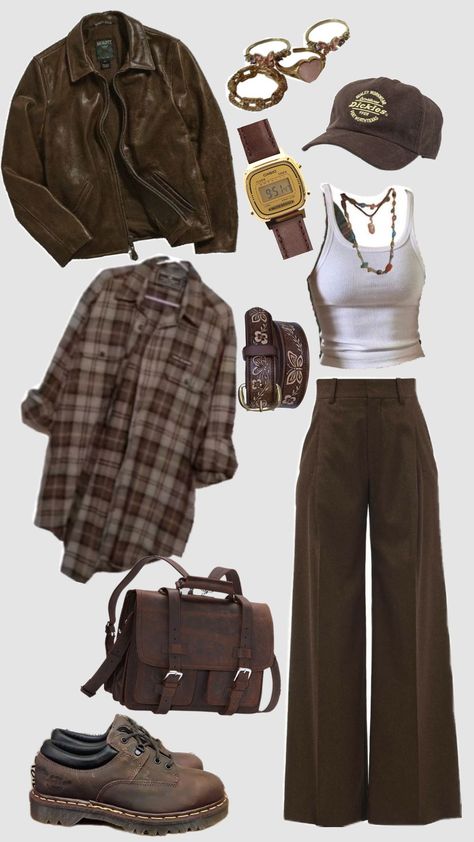 Outfits Not On People, Earthy Fashion Women, Earthy Colored Outfits, Outfit Ideas Soft Grunge, Brown Pants Grunge Outfit, Moody Casual Outfit, Southwestern Aesthetic Outfits, Archeologist Outfit Women, Artsy Grunge Aesthetic Outfits