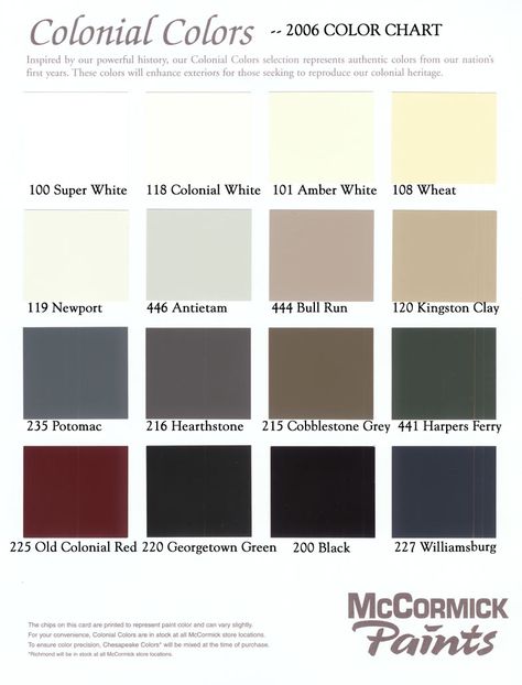 Colonial colors -- the exterior of our house is almost the same as "wheat" and the trim is very similar to "cobblestone grey" although with more chocolate brown in it. I am thinking the "colonial red" for the front door and decorative bows above the windows. Colonial Interior Paint Colors, Colonial Exterior Paint Colors, Colonial Color Palette, Colonial Paint Colors, Colonial Living Rooms, American Colonial Interior, Red House Exterior, Colonial Colors, Colonial Modern