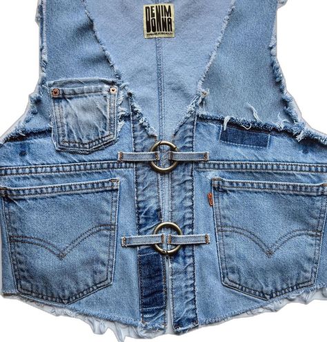 Denim vest vintage rework hardware o ring Levi orange tab light wash Jeans Remake Diy Ideas, Denim Rework Ideas, Denim Over Denim Outfit, Denim Vest Diy, Denim Upcycle Diy, Denim Diy Upcycling, Denim Upcycle Clothing, Diy Denim Vest, Rework Denim