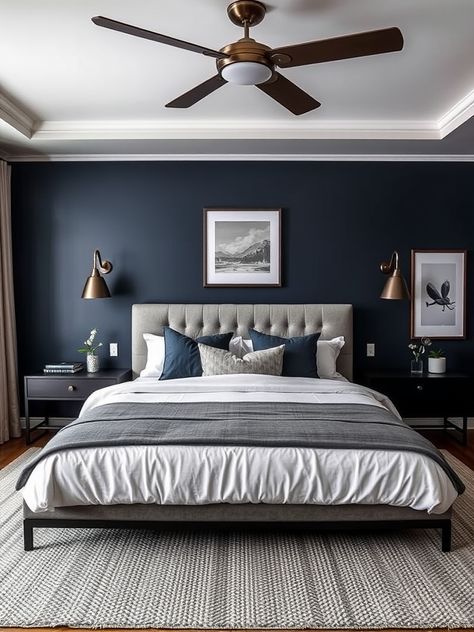 home deco ideas Grey White And Navy Bedroom, Dark Blue Bedroom Ideas For Couples, Room Color Ideas Bedroom Men, Small Room Ideas For Men Bedrooms Guys, Bedroom Ideas For Couples Dark, Dark Blue And Grey Bedroom, Blue And Grey Bedroom Decor, Blue And Grey Boys Bedroom, Male Bedroom Decor