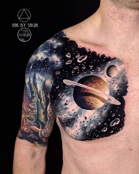 Galaxy Chest Tattoo Men, Space Chest Tattoo, Galactic Tattoo, Stomach Tats, Space Tattoo Sleeve, Men Sketch, Shoulder Cap Tattoo, Interesting Tattoos, Space Tattoos