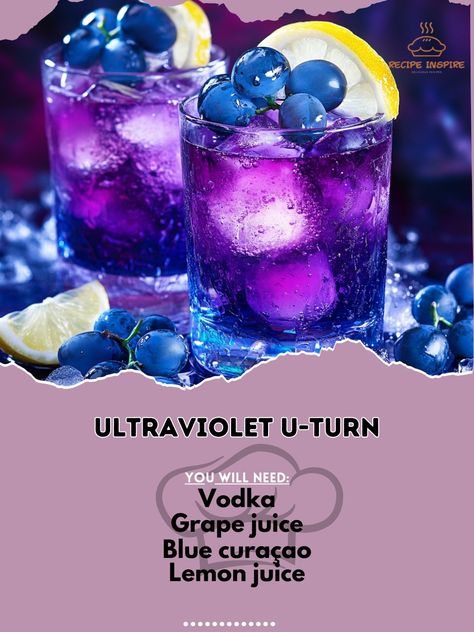 💜🌌 Take a wild ride with Ultraviolet U-turn! A cocktail as unique as the night sky! 🌌🍸 #UltravioletCocktails #UniqueSips Ultraviolet U-turn Ingredients: Vodka (1 oz) Grape juice (1 oz) Blue curaçao (1/2 oz) Lemon juice (1/2 oz) Ice Grape slices (for garnish) Instructions: Fill a shaker with ice. Add vodka, grape juice, blue curaçao, and lemon juice. Shake well and strain into a glass filled with ice. Garnish with grape slices. 🍇💜 A vibrant, delicious twist! Enjoy the flavors under the sta... Summer Blended Drinks, Unique Alcoholic Drinks, Drinks With Pineapple Juice, Unique Drinks, Christmas Cocktails Easy, Themed Cocktails, Virgin Cocktails, Mocktail Drinks, Alcholic Drinks