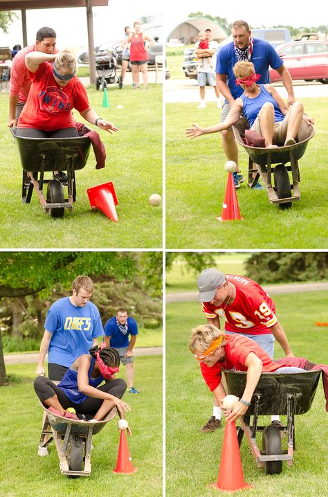 Adults and kids compete in a variety of backyard games including water balloon relays, jumbo beer pong, slosh ball, dodge ball, wheelbarrow races and more! Camping Games For Adults, Outdoor Camping Games, Field Day Games, Dodge Ball, Relay Games, Picnic Games, Outdoor Party Games, Outside Games, Reunion Games