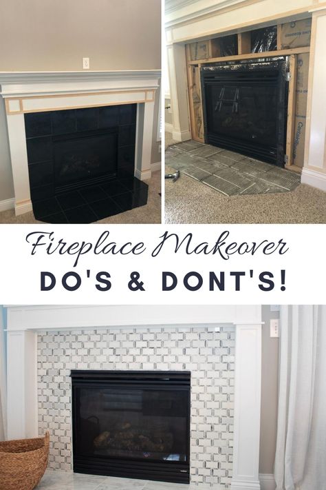 Turn your fireplace into a focal point. Learn how to avoid some pretty common mistakes that can occur when you decide to take on a tiled fireplace makeover. #fireplacemakeover #tiledfireplace Ceramic Fireplace Makeover, Tiling Over Tile Fireplace, How To Update Fireplace Surround, Fireplace Facelift Tile, Tile Floor In Front Of Fireplace, No Demo Reno Fireplace, Renovate Fireplace Ideas, Inside Fireplace Makeover, Bulky Fireplace Makeover