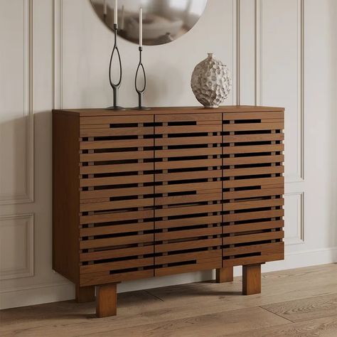 Hernest | 47" Mid Century Modern Console Table with Drawers in Grille Design Modern Console Table With Drawers, Mid Century Modern Console Table, Shoe Cabinet Design, Hallway Shoe Storage, Shoe Cabinet Entryway, Wood Shoe Storage, Shoe Storage Solutions, Modern Patio Furniture, Wood Shoe