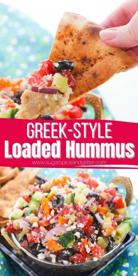 A unique and flavorful appetizer ready in less than 15 minutes, today's Loaded Hummus Dip features a silky smooth and creamy hummus topped with crunch veggies and salty feta cheese, for a wonderful texture and flavor contrast that makes this appetizer so satisfying. Greek Salad Hummus Dip, Hummus Toppings, Loaded Hummus Platter, Greek Salad Hummus Board, Hummus Loaded, Recipes With Hummus, Greek Style Loaded Hummus, Greek Hummus Dip, Greek Hummus