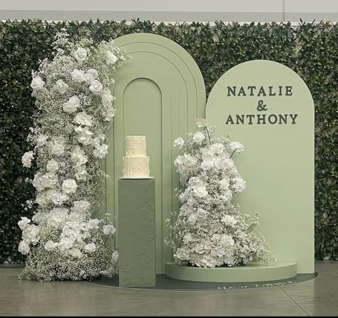 Sage Backdrop Ideas, Sage Backdrop Wedding, Backdrop Ideas Engagement, Sage Wedding Backdrop, Sage Green Arch Backdrop, White And Green Wedding Backdrop, Sage Green Wedding Backdrop, Sage Green Wedding Decorations, Sage Wedding Decor