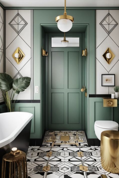 Step into the glamour of the 1920s with this small bathroom featuring bold geometric patterns and elegant brass accents. Vintage sophistication for modern living. #ArtDeco #SmallBathroom #VintageGlamour White Bathroom With Black Trim, 1920s Design Interior, Blue Art Deco Bathroom, Art Deco Style Bathroom, Art Deco Small Bathroom, 1920 Bathroom 1920s Style, Light Airy Bathroom, American Townhouse, 20s Bathroom