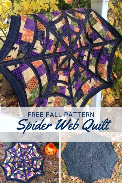 Halloween Spider Web Quilt, Halloween Quilting Patterns, Free Sewing Patterns Halloween, Halloween Decorations Sewing, Spider Man Quilt Pattern, Halloween Crafts Sewing, Spider Web Quilt Pattern Free, Halloween Quilts Patterns Free, Interesting Quilt Patterns