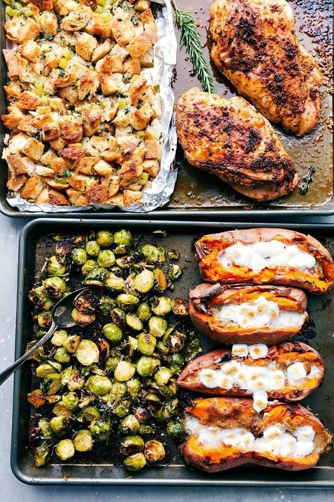 An ENTIRE Thanksgiving Dinner (turkey breast, gravy, candied sweet potatoes, dressing, and Parmesan Brussels sprouts) all made on two sheet pans. Recipe via chelseasmessyapron #recipes #ideas #menu #easy #small #tablefood #fortwo #simple #mini #brussels #stuffing #sweetpotato #turkey #gravy #onesheetpan #thanksgiving #dinner Parmesan Brussels Sprouts, Thanksgiving Dinner For Two, Easy Thanksgiving Dinner, Food Thanksgiving, Easy Thanksgiving Recipes, Candied Sweet Potatoes, Dinner For 2, Thanksgiving Dinner Menu, Thanksgiving Dinner Recipes