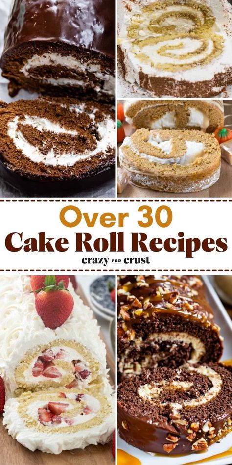 All the cake roll ideas! They're delicious and easy-to-make sweet treats. Not only will you find Swiss roll cake and other chocolate cake rolls, but there are also holiday cake rolls and more cake roll flavors. Save these simple dessert recipes! Hoho Roll Cake, Cake Roll Flavors, Swiss Roll Decoration Ideas, Roll Cakes Recipe Easy, Coconut Cake Roll Recipe, Gooey Chocolate Caramel Turtle Cake Roll, Cakerolls Recipe, Swiss Roll Recipes, Banana Roll Cake