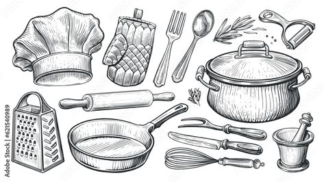 Cooking Graphic Design, Cooking Utensils Drawing, Bakery Mural, Kitchen Utensils Drawing, Cake Draw, Nike Photoshoot, Cooking Drawing, Scratchboard Illustration, Cake Drawing