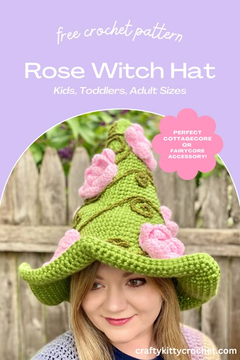 woman wearing a handmade crocheted witch hat with vines and roses on it Crochet Whimsical Witch Hat, Witch Crochet Hat, Wizard Hat Crochet Pattern Free, Crochet Which Hat, Ren Fair Crochet Patterns, Crochet Fairy Wings Free Pattern, Crochet Costume Hat, Ren Faire Crochet Pattern Free, Crochet Fairy Hat Pattern Free