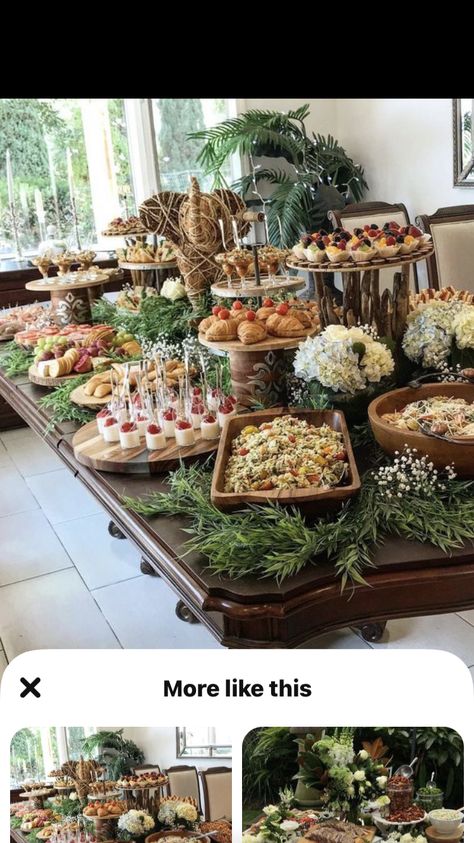 Food Table With Greenery, Wedding Canape Table, Beautiful Buffet Displays, Unique Buffet Table Ideas, Brownie Platter Presentation, Catering Buffet Setup, Wedding Finger Food Table Ideas, Buffet Centerpiece Ideas, Appetizer Table Display Ideas