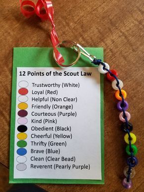 There was nothing for cub scouts to help them learn the Scout Law, so here is one I made. A keychain, pony beads, cording, glue gun to secure the cording knot at keychain. Gave them as Christmas gifts and they loved them!! Scout Gifts Ideas, Tiger Den Meeting Ideas, Lion Den Meeting Ideas, Cub Scout Pack Meeting Ideas, Cub Scout Lion Den Activities, Tiger Scout Den Meeting Ideas, Weblos Scouts, Cub Scout Oath, Cub Scout Law