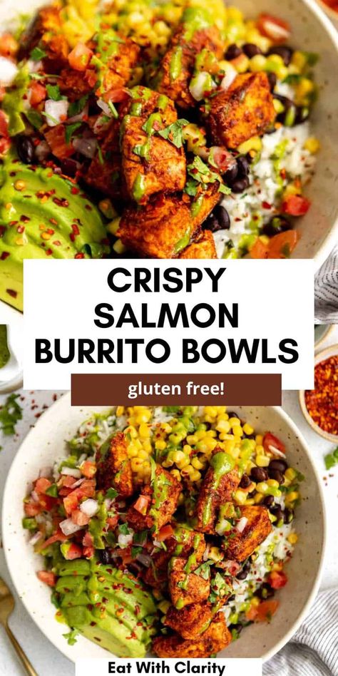 Gluten Free Recipes For Dinner High Protein, Healthy Easy Mexican Recipes, Salmon Bowl Low Calorie, Mexican Grain Bowl, Southwest Salmon Bowl, High Protein Keto Lunch, Salmon Chickpea Bowl, High Protein Gluten Free Recipes, High Protein Meals Salmon