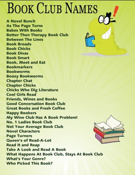 Looking for some ideas on Book Club Names? Here you will find listed a good list to help you start thinking about your own Book Club Name. Book Club Names, Book Club Activities, Book Club Parties, Book Club Quote, Kids Book Club, Starting A Book, Book Club Meeting, Book Exchange, Reading Club