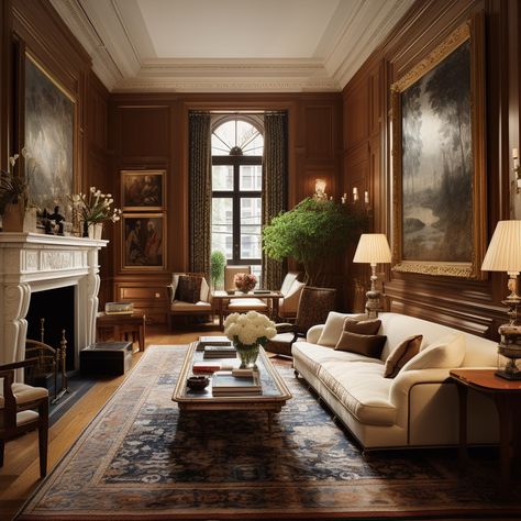 Ralph Lauren Meets Nancy Meyers Home, Old Money Style Living Room, Wooden Manor, Old English Living Room, Old English Interior Design, British Style Interior, Colonial Living Room, Chateaux Interiors, English Interior