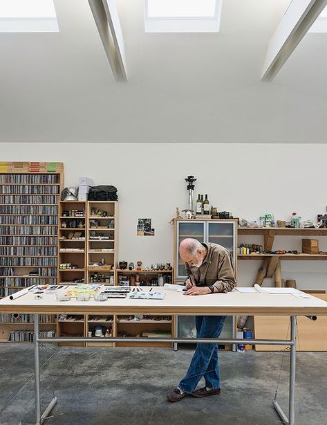 Studio Workspace, Organized Workspace, Slope Ceiling, Studio Storage, Workspace Studio, Live Work Space, Modern Shed, Art Studio Space, Artist Studios