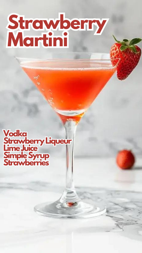 Strawberry Martini Bday Cocktails, Martini Variations, Strawberry Moscow Mule, Bridal Breakfast, Strawberry Martini, Frozen Drinks Alcohol, Martini Recipes Vodka, Strawberry Cocktail, Cocktail Cards