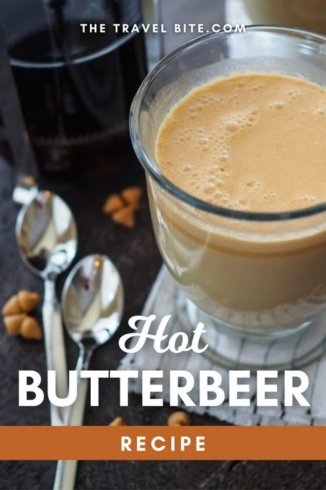 Hot Butterbeer Recipe Alcoholic, Hot Butter Beer Recipe, Butterbeer Recipe Nonalcoholic, Hot Butter Beer, Warm Butterbeer Recipe, Butterbeer Drink, Hot Butterbeer Recipe, Hogwarts Night, Nerdy Food