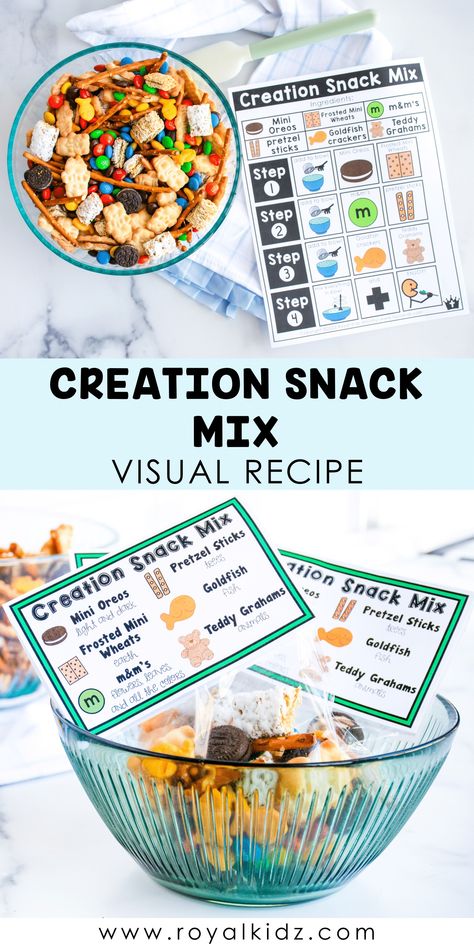 Creation Snack Mix Visual Recipe - Free Special Needs Ministry Resources: Royal Kidz Adapted Bible Curriculum Vbs Jungle Theme Snacks, Creation Themed Snacks, Creation Snacks For Kids, What A Mess Vbs Snacks, Great Jungle Journey Vbs Snacks, Creation Snacks For Kids Bible, Bible Themed Snacks, Jungle Journey Vbs Snacks, Jungle Journey Vbs 2024 Snacks