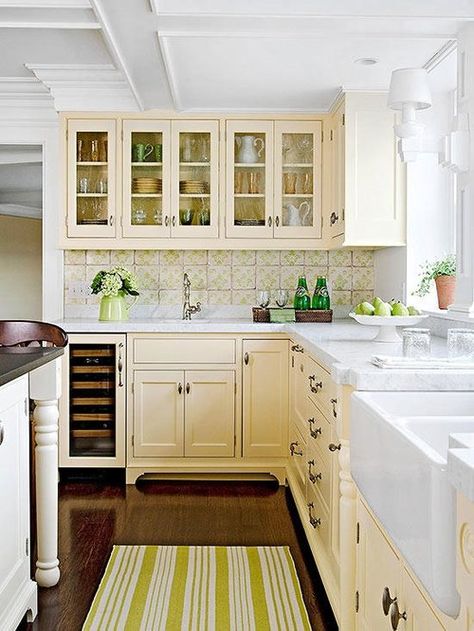 What To Do When You Secretly Love Cream Kitchen Cabinets — Heather Hungeling Design Kitchen Cabinet Color Schemes, Yellow Kitchens, Yellow Kitchen Designs, Yellow Kitchen Cabinets, Cream Kitchen Cabinets, Yellow Cabinets, Cottage Kitchen Design, Cabinetry Hardware, French Country Kitchens