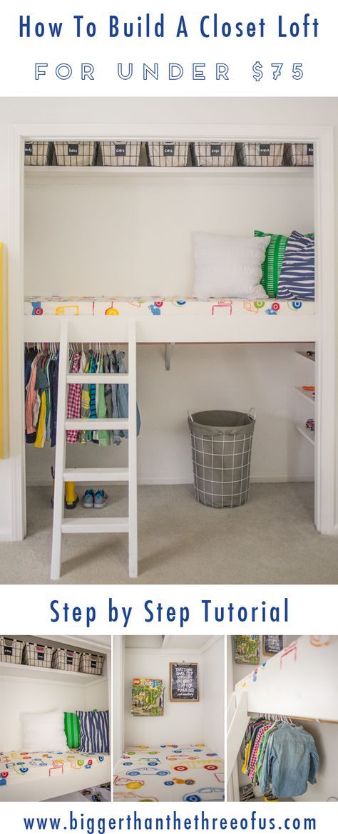 This Step-by-Step tutorial will show you how to build a Closet Loft for Under $75! It's a great place for climbing, reading & just to hangout! #loft #howto Closet Into Reading Nook, Closet Fort, Play Loft, Closet Nook, Reading Loft, Closet Transformation, Closet Bed, Loft Beds, Clothes Hanging