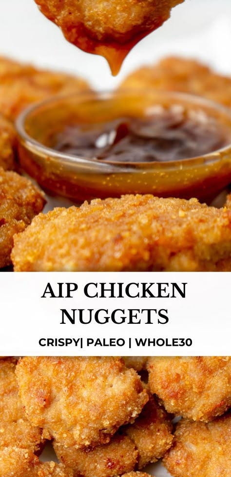 These Whole30, paleo and AIP Chicken Nuggets are quick, easy and so delicious. Made with ground chicken and crispy pork panko, they’re crispy on the outside and juicy on the inside. #aiprecipes #paleorecipes #paleo #aip #aipdiet #autoimmunepaleo #aipprotocol #autoimmunedisease #whole30 #whole30recipes #gamedaysnacks #gamedayfood #healthysnacks #chickennuggets #airfryersnacks #superbowlsnacks #appetizers #aipappetizers #aipsnacks #aipsides #footballfood #superbowl #gameday #healmedelicious Paleo Ground Chicken Recipes, Aip Protein, Anti Inflammation Diet Recipes, Paleo Chicken Nuggets, Pork Panko, Nugget Recipes, Aip Chicken, Autoimmune Diet Recipes, Aip Diet Recipes