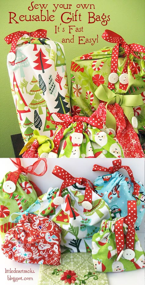 It's easy and fun to sew up these festive and reusable fabric gift bags! And almost as fast as wrapping a gift in paper. Cut down on the after Christmas trash this year! #christmascrafts #diychristmas #giftbag #fabricgiftbag #freetutorial #littledear Xmas Fabric Gift Bags, Christmas Fabric Bags Diy, Fabric Gift Wrap How To Make, Reusable Christmas Wrapping, Christmas Fabric Gift Bags, Reusable Fabric Gift Bags, Reusable Wrapping Ideas, Reusable Christmas Gift Bags, Christmas Fabric Ideas