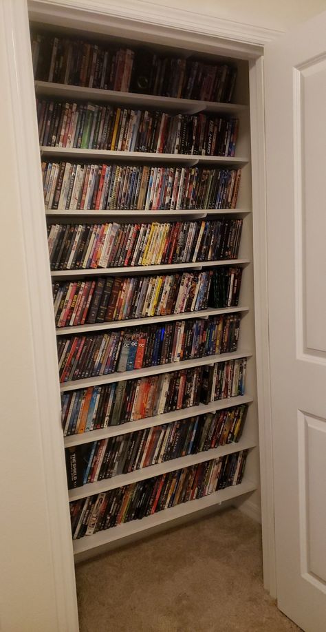 Floating Dvd Shelves, Dvd Storage Ideas Aesthetic, Media Closet Ideas, Movie Shelf Ideas Dvd Storage, Dvd Shelf Aesthetic, Dvd Shelf Ideas, Dvd Bookshelf, Dvd Organization Ideas, Dvd Collection Aesthetic