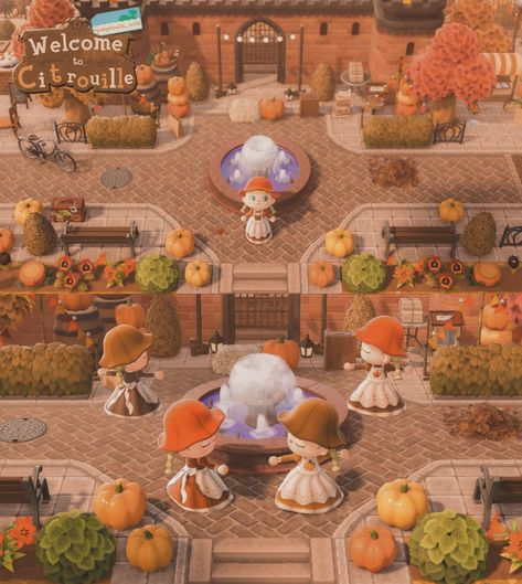 Acnh Fall Towncore, Acnh Small Town Entrance, Acnh Fall Entrance Ideas, Acnh Townhall Idea, Acnh Fall Town Entrance, Acnh Town Entrance Ideas, Acnh Autumn Town, Acnh Autumn Entrance, Acnh Town Entrance