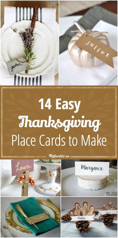 14 Thanksgiving Easy Place Cards to Make via @tipjunkie Thanksgiving Table Name Tags Diy, Cute Thanksgiving Place Cards, Homemade Thanksgiving Place Cards, Easy Place Cards, Easy Thanksgiving Place Cards, Thanksgiving Placecards Ideas Diy, Diy Thanksgiving Name Place Cards, Thanksgiving Place Cards Cricut, Thanksgiving Placecard Ideas