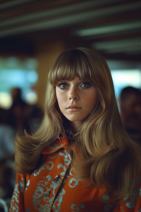 Woman with long straight blonde hair with bangs, vintage makeup, 1970s 70s Make Up And Hair, 1970 Women Hairstyles, 1970s Straight Hair, Early 70s Hair, 70s It Girl Hair, 1970s Long Hair, 70s Hair With Bangs, 70s Hair Women, 1970s Bangs