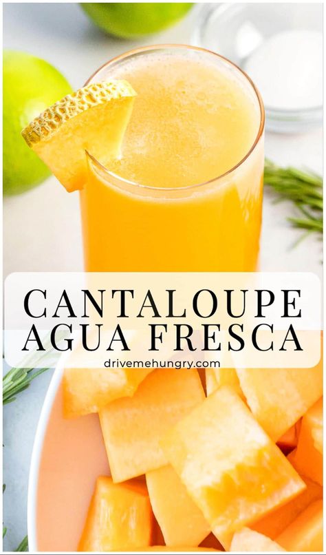 Refreshing cantaloupe agua fresca made with fresh cantaloupe melon, water, lime, and sweetener of your choice! The perfect cantaloupe drink for the summer! #cantaloupeaguafresca #cantaloupedrink #melondrinks #drivemehungry | drivemehungry.com Mango Agua Fresca, Cantaloupe Drink, Aqua Fresca Recipes, Fresca Recipes, Melon Water, Fresca Drinks, Cantaloupe Juice, Aqua Fresca, Agua Fresca Recipe