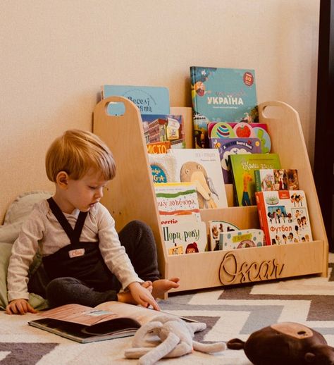 Montessori Bookshelf Montessori Furniture Wood Toddler | Etsy Bookcase Nursery, Toddler Bookshelf, Toddler Bookcase, Playroom Montessori, Nursery Bookcase, Montessori Bookshelf, Montessori Books, Nursery Bookshelf, Large Bookcase