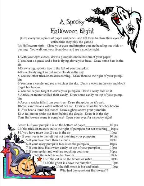 A Spooky Halloween Night Game.    A game where kids close their eyes and draw a spooky Halloween scene as you read the story.  When the story is done, they open their eyes and get to laugh at their pictures.  Points are given for how they did.   www.thejoysofboys.com Halloween Blind Drawing Game, Blind Drawing Game Ideas, The Ghosts Dinner Activities, Spooky Game Night, Thanksgiving Drawing Game, Free Halloween Games Printables, Halloween Games Printable, Blindfold Drawing Game, Fall Party Game Ideas