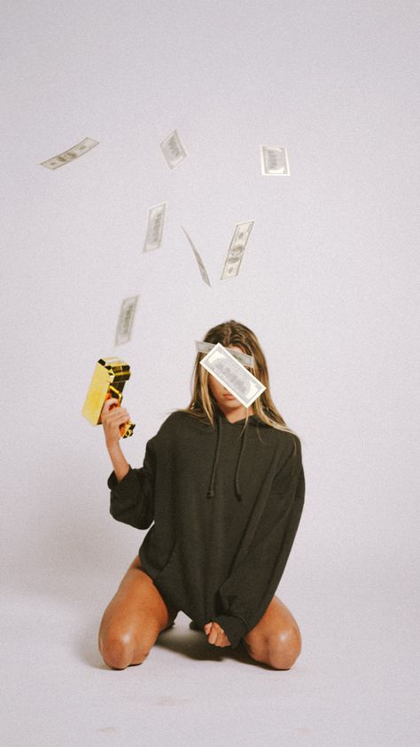 Lottery Photoshoot, Sweatshirt Studio Photoshoot, Monopoly Photoshoot, Photoshoot Props Indoor, Studio Photoshoot Props, Bank Photoshoot, Prop Ideas For Photoshoot, Photography Studio Aesthetic, Clothing Shoot Ideas