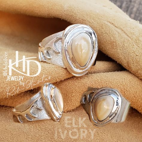 Beautiful handmade custom sterling men's elk ivory ring. Classic designs, antler accent. Elk Ivory Ring, Elk Ivory Jewelry, Elko Nevada, Ivory Jewelry, Kim Hunter, Elk Ivory, Ivory Ring, Hunting Camp, Elk Hunting