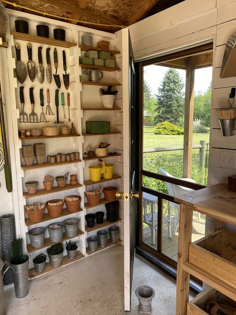 Garden Shed Makeover, Garden Shed Interiors, Shed Makeover, Shed Interior, Shed Organization, Greenhouse Shed, Backyard Greenhouse, Potting Sheds, Potting Shed